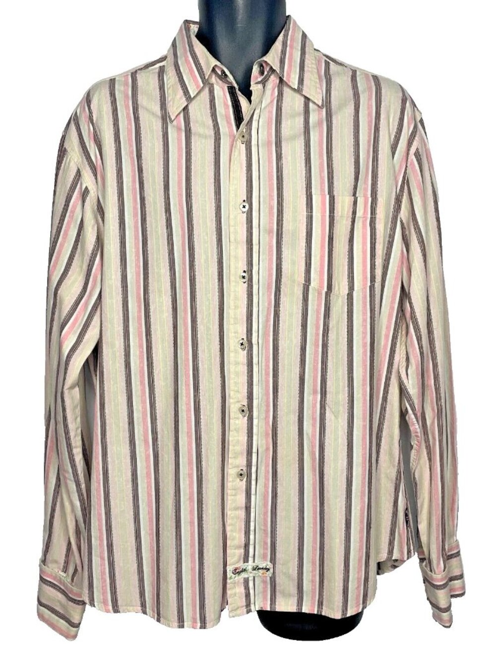 English Laundry Long Sleeve Shirt Size XL Beige Pink Striped Snap French Cuff